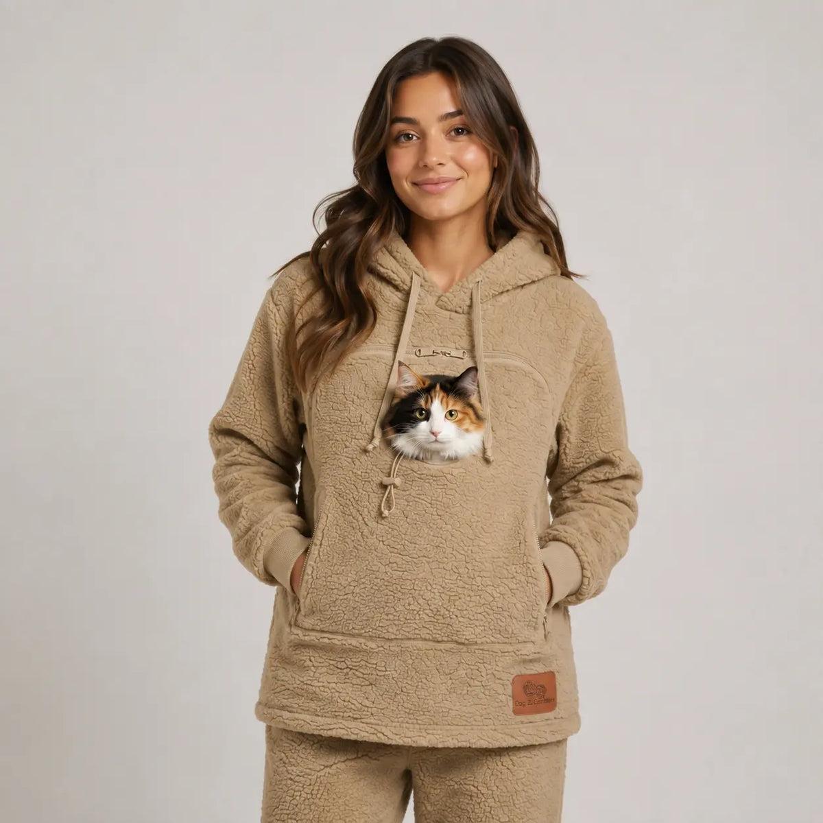 CozyPaw hoodie in Sand Taupe with a cat in the pouch