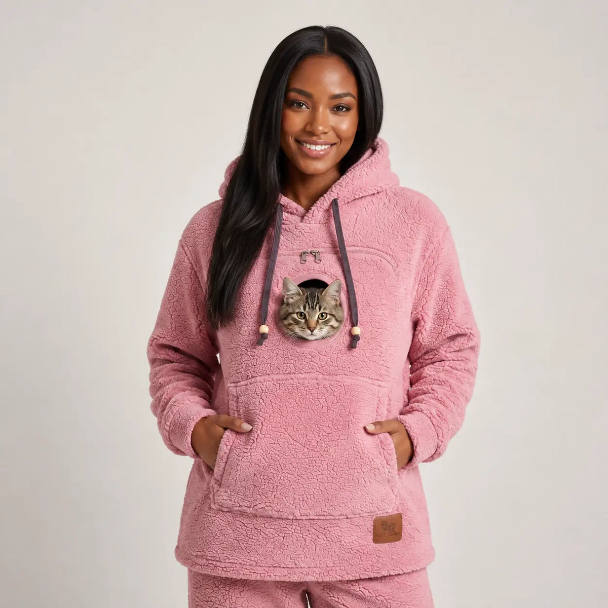 CozyPaw hoodie in Rose Pink with a cat in the pouch